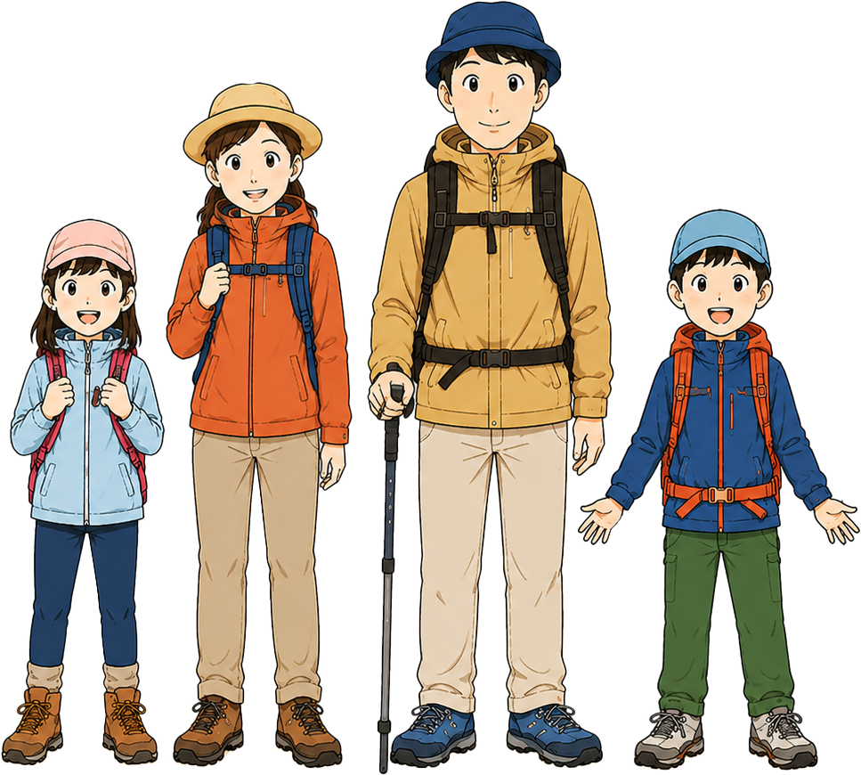 トレッキングを楽しむ家族のイラスト