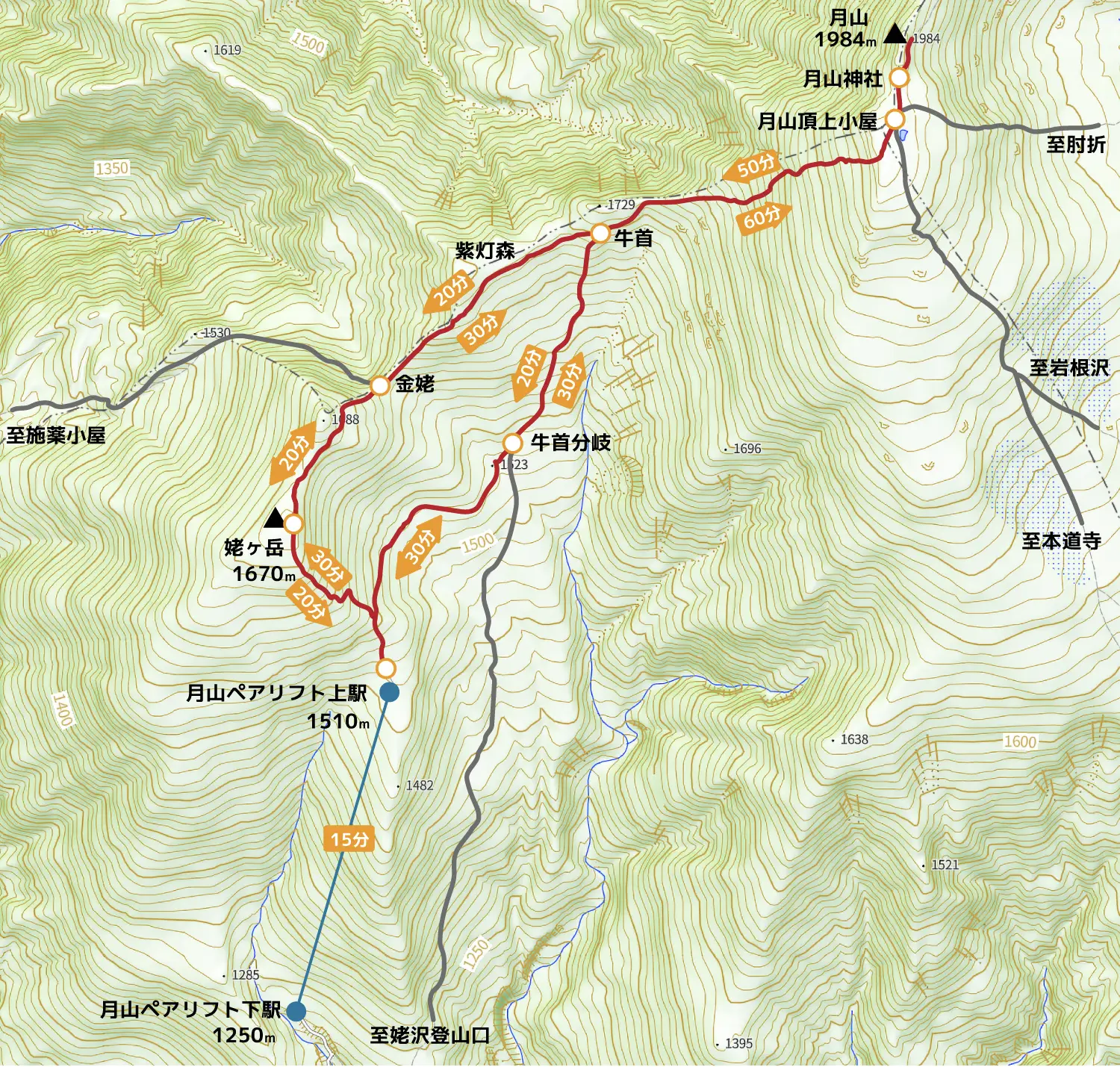 月山登山コースマップ
